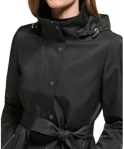 Women's Zip-Front Hooded Belted Raincoat Black $49.28 Coats