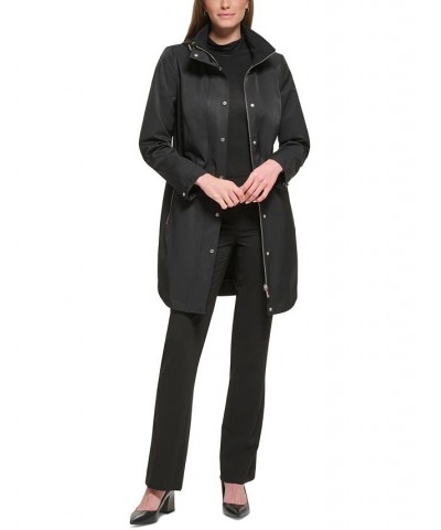 Women's Zip-Front Hooded Belted Raincoat Black $49.28 Coats