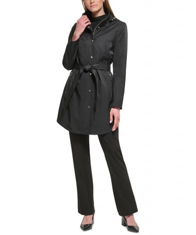 Women's Zip-Front Hooded Belted Raincoat Black $49.28 Coats