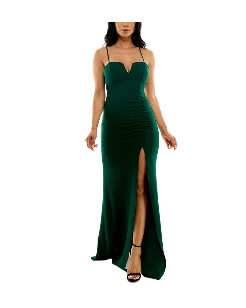 Juniors' Notch-Neck Slit-Front Gown Hunter $37.92 Dresses