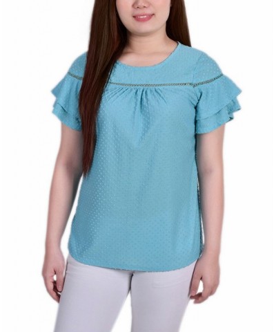 Petite Short Double Flutter Sleeve Swiss Dot Top Blue $16.20 Tops