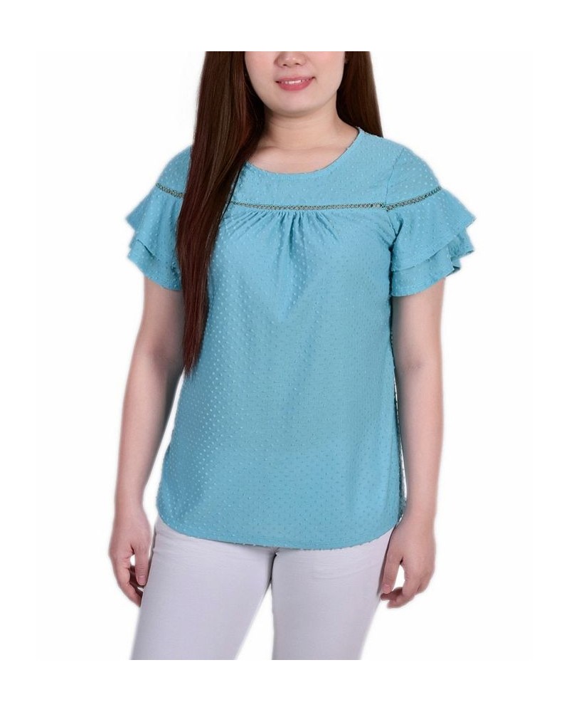 Petite Short Double Flutter Sleeve Swiss Dot Top Blue $16.20 Tops