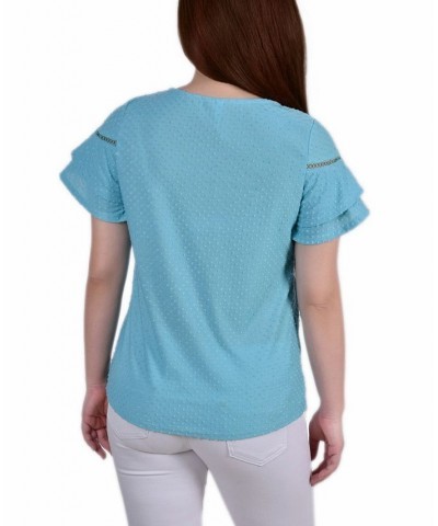 Petite Short Double Flutter Sleeve Swiss Dot Top Blue $16.20 Tops