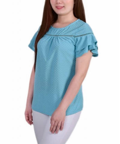 Petite Short Double Flutter Sleeve Swiss Dot Top Blue $16.20 Tops