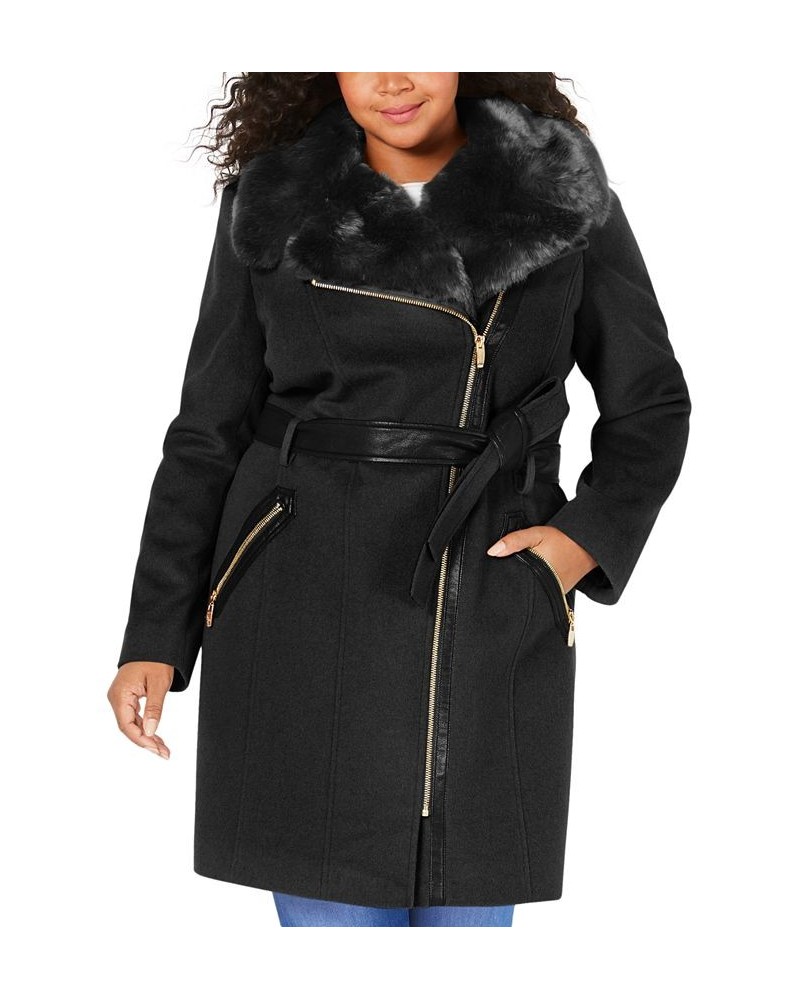 Plus Size Asymmetric Faux-Fur-Collar Wrap Coat Black $102.30 Coats