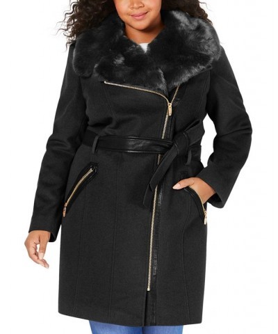 Plus Size Asymmetric Faux-Fur-Collar Wrap Coat Black $102.30 Coats