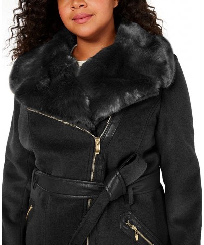 Plus Size Asymmetric Faux-Fur-Collar Wrap Coat Black $102.30 Coats