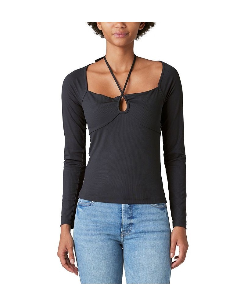 Women's Ribbed Keyhole-Cutout Long-Sleeve Top Black $30.58 Tops