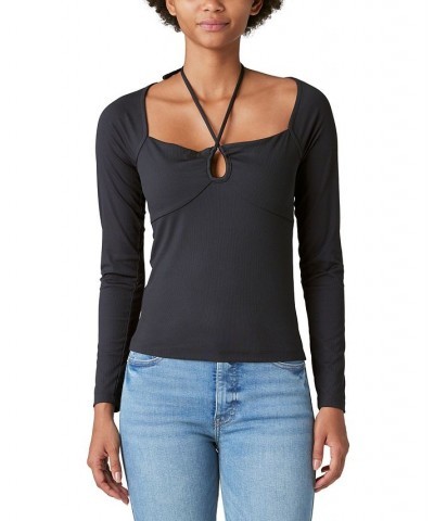 Women's Ribbed Keyhole-Cutout Long-Sleeve Top Black $30.58 Tops