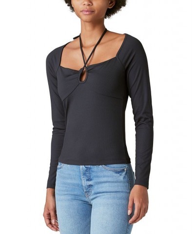 Women's Ribbed Keyhole-Cutout Long-Sleeve Top Black $30.58 Tops