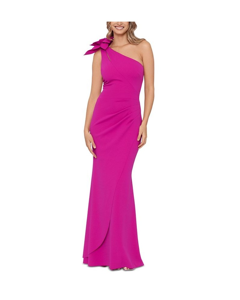 Petite Flower-Trimmed One-Shoulder Scuba Crepe Gown Fuschia $85.47 Dresses