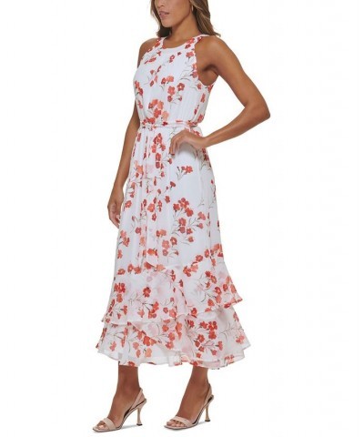 Women's Printed Chiffon Halter Maxi Dress Fire Multi $61.09 Dresses