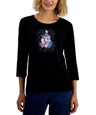 Petite Holiday Print 3/4-Sleeve Tops Crescendo Blue $9.11 Tops