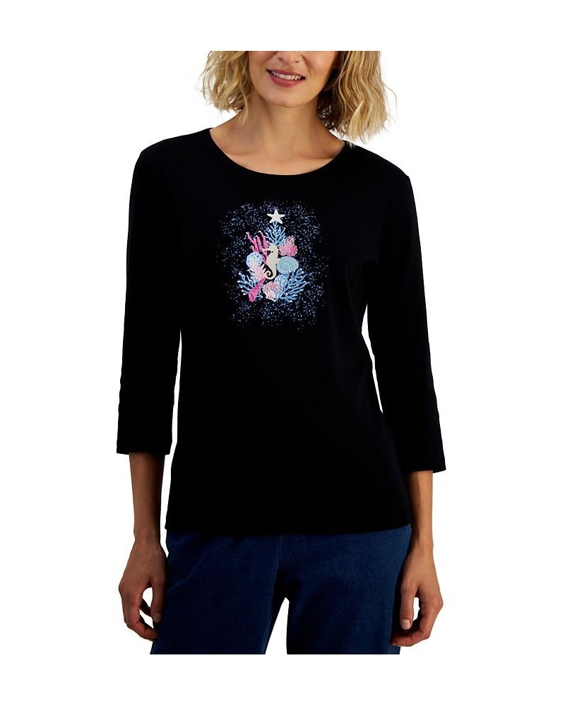 Petite Holiday Print 3/4-Sleeve Tops Crescendo Blue $9.11 Tops