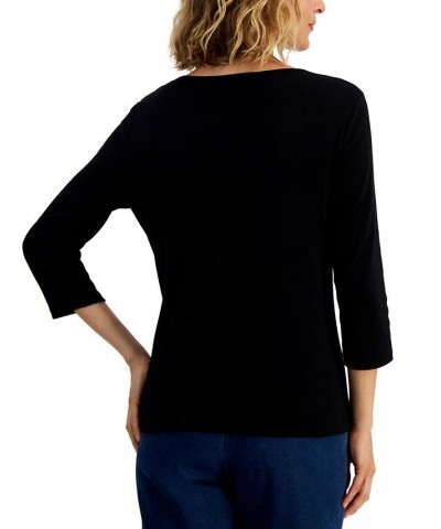 Petite Holiday Print 3/4-Sleeve Tops Crescendo Blue $9.11 Tops