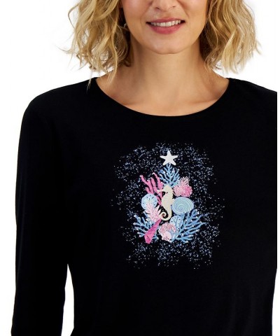 Petite Holiday Print 3/4-Sleeve Tops Crescendo Blue $9.11 Tops