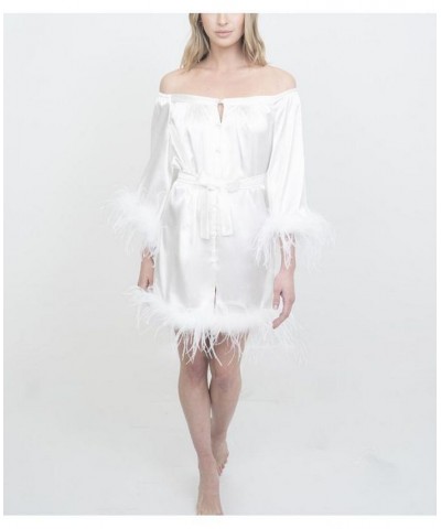 Women's Bridal Off-The-Shoulder Hair and Makeup Robe Feather Trim On The Sleeve and Hem White $90.44 Sleepwear