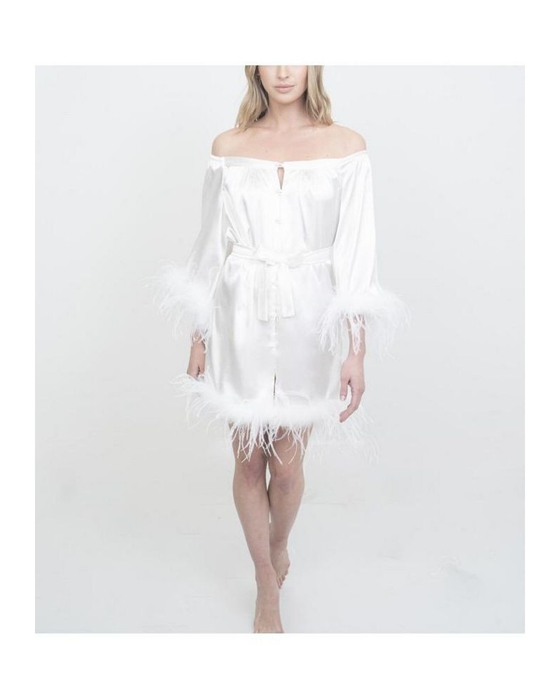 Women's Bridal Off-The-Shoulder Hair and Makeup Robe Feather Trim On The Sleeve and Hem White $90.44 Sleepwear