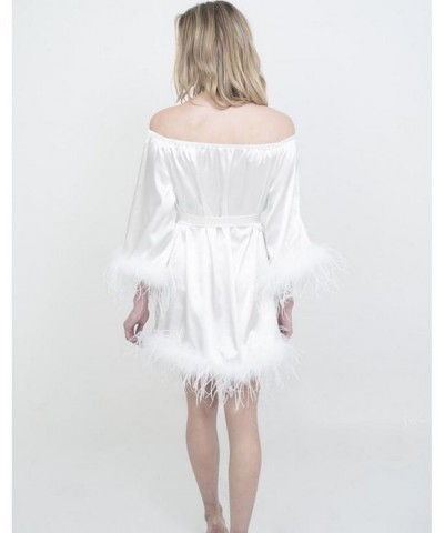 Women's Bridal Off-The-Shoulder Hair and Makeup Robe Feather Trim On The Sleeve and Hem White $90.44 Sleepwear