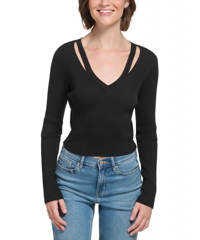 Women's Cropped Rib-Knit Slashed V-Neck Top Black $25.06 Tops