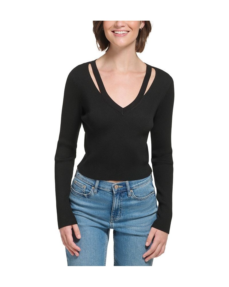 Women's Cropped Rib-Knit Slashed V-Neck Top Black $25.06 Tops