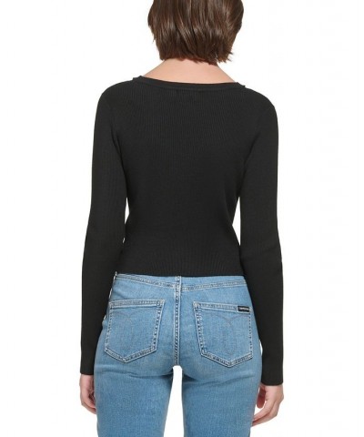 Women's Cropped Rib-Knit Slashed V-Neck Top Black $25.06 Tops