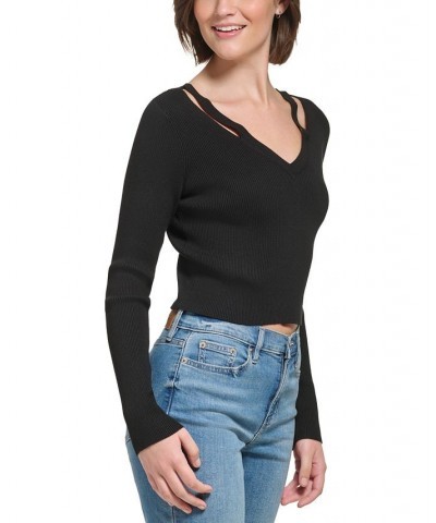 Women's Cropped Rib-Knit Slashed V-Neck Top Black $25.06 Tops