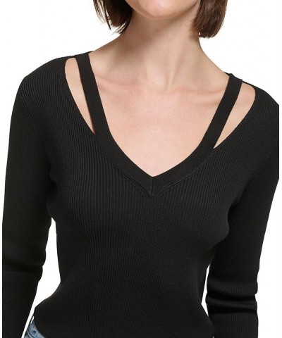 Women's Cropped Rib-Knit Slashed V-Neck Top Black $25.06 Tops