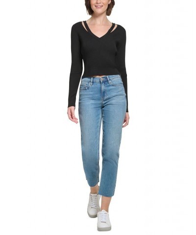 Women's Cropped Rib-Knit Slashed V-Neck Top Black $25.06 Tops