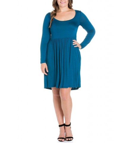 Women's Plus Size Casual Long Sleeves Pleated Dress Blue $21.36 Dresses