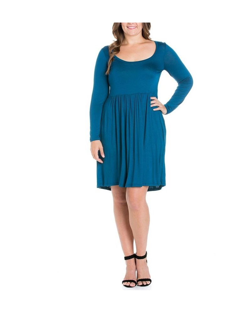 Women's Plus Size Casual Long Sleeves Pleated Dress Blue $21.36 Dresses