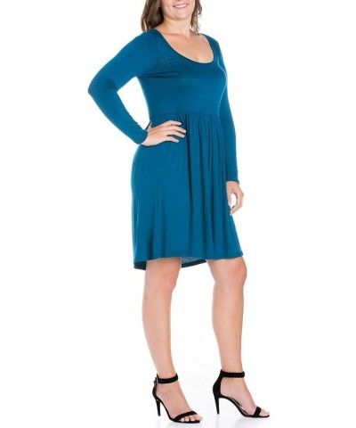 Women's Plus Size Casual Long Sleeves Pleated Dress Blue $21.36 Dresses