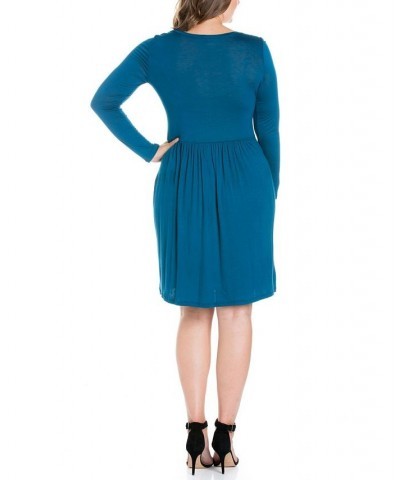 Women's Plus Size Casual Long Sleeves Pleated Dress Blue $21.36 Dresses