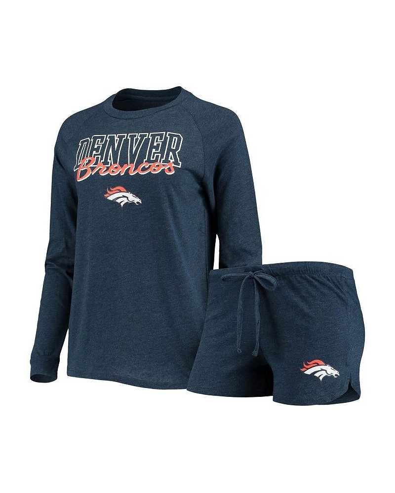 Women's Navy Denver Broncos Meter Knit Long Sleeve Raglan Top and Shorts Sleep Set Navy $32.20 Pajama