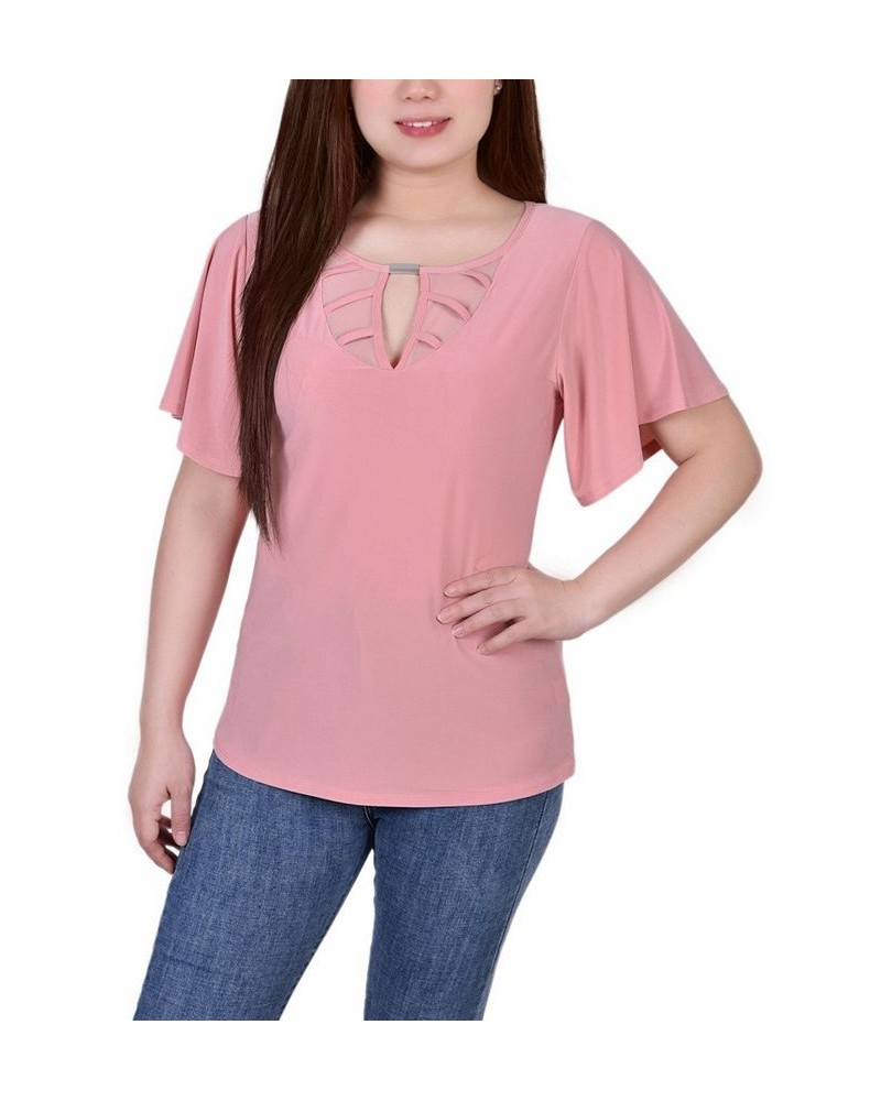 Petite Mesh Flutter Sleeve Knit Top Mellow Rose $16.20 Tops