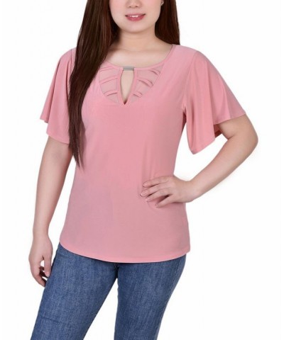 Petite Mesh Flutter Sleeve Knit Top Mellow Rose $16.20 Tops