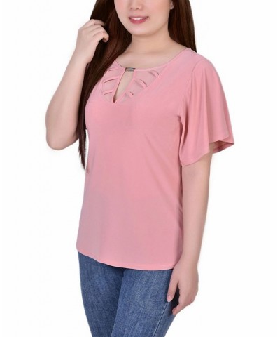 Petite Mesh Flutter Sleeve Knit Top Mellow Rose $16.20 Tops