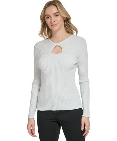 Women's Long Sleeve Ribbed Keyhole Sweater White $30.58 Sweaters