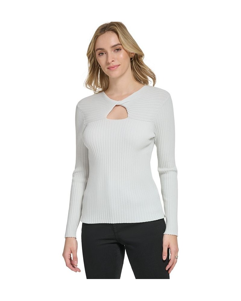 Women's Long Sleeve Ribbed Keyhole Sweater White $30.58 Sweaters