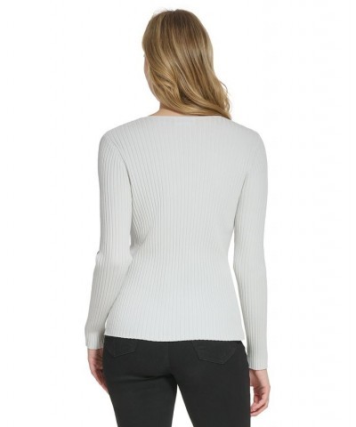 Women's Long Sleeve Ribbed Keyhole Sweater White $30.58 Sweaters