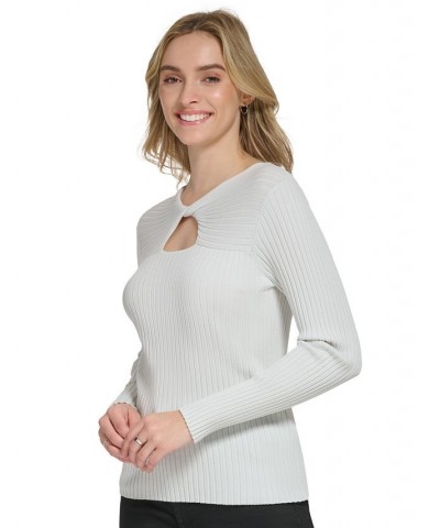 Women's Long Sleeve Ribbed Keyhole Sweater White $30.58 Sweaters