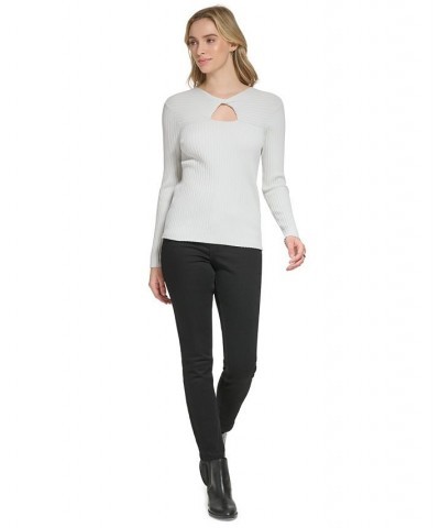 Women's Long Sleeve Ribbed Keyhole Sweater White $30.58 Sweaters