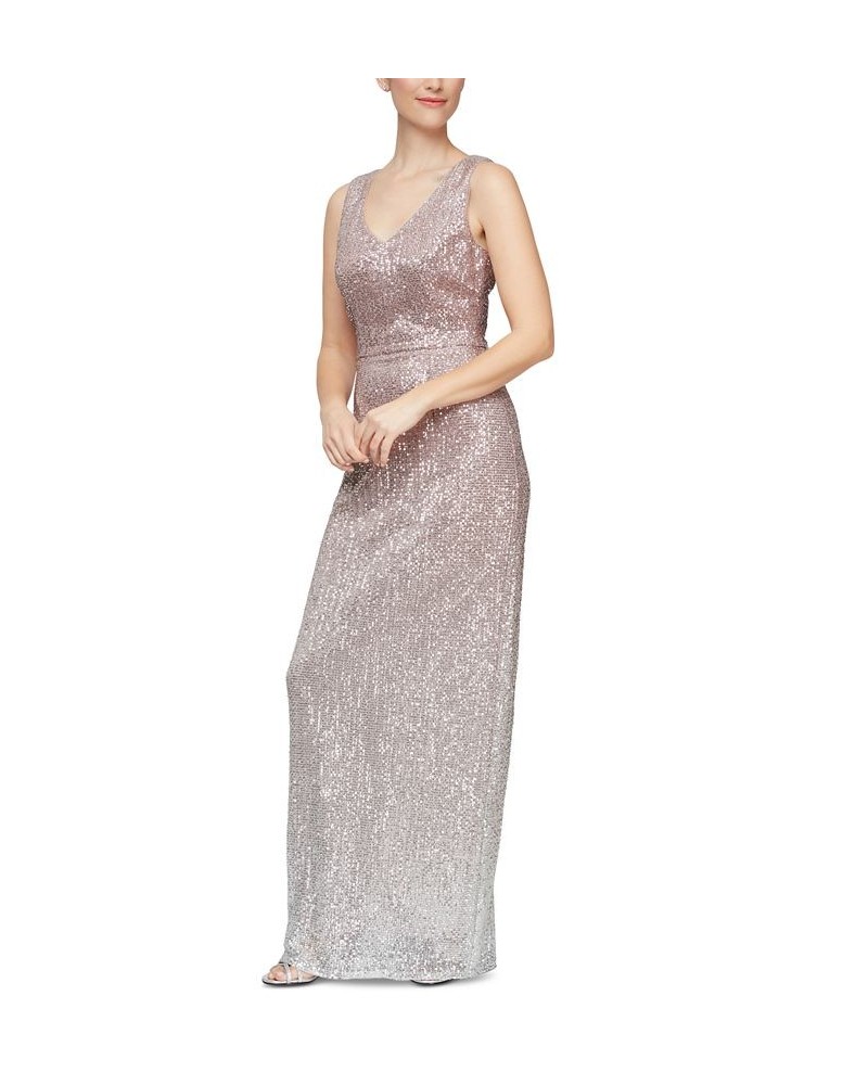 Women's Ombre Sequined V-Neck Gown Blush Silver $102.09 Dresses