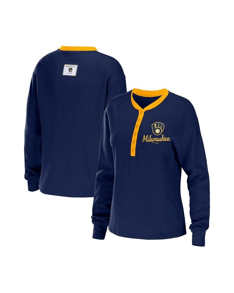 Women's Navy Milwaukee Brewers Waffle Henley Long Sleeve T-shirt Navy $27.60 T-Shirts