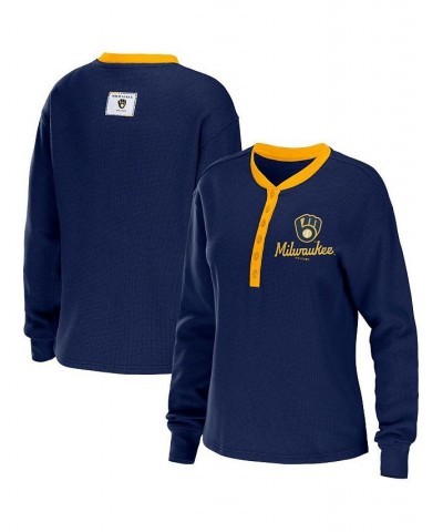 Women's Navy Milwaukee Brewers Waffle Henley Long Sleeve T-shirt Navy $27.60 T-Shirts