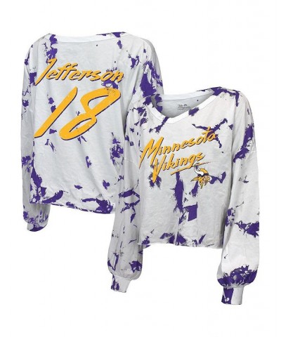 Women's Minnesota Vikings Off-Shoulder Tie-Dye Name and Number Long Sleeve V-Neck Crop-Top T-shirt White $31.50 Tops