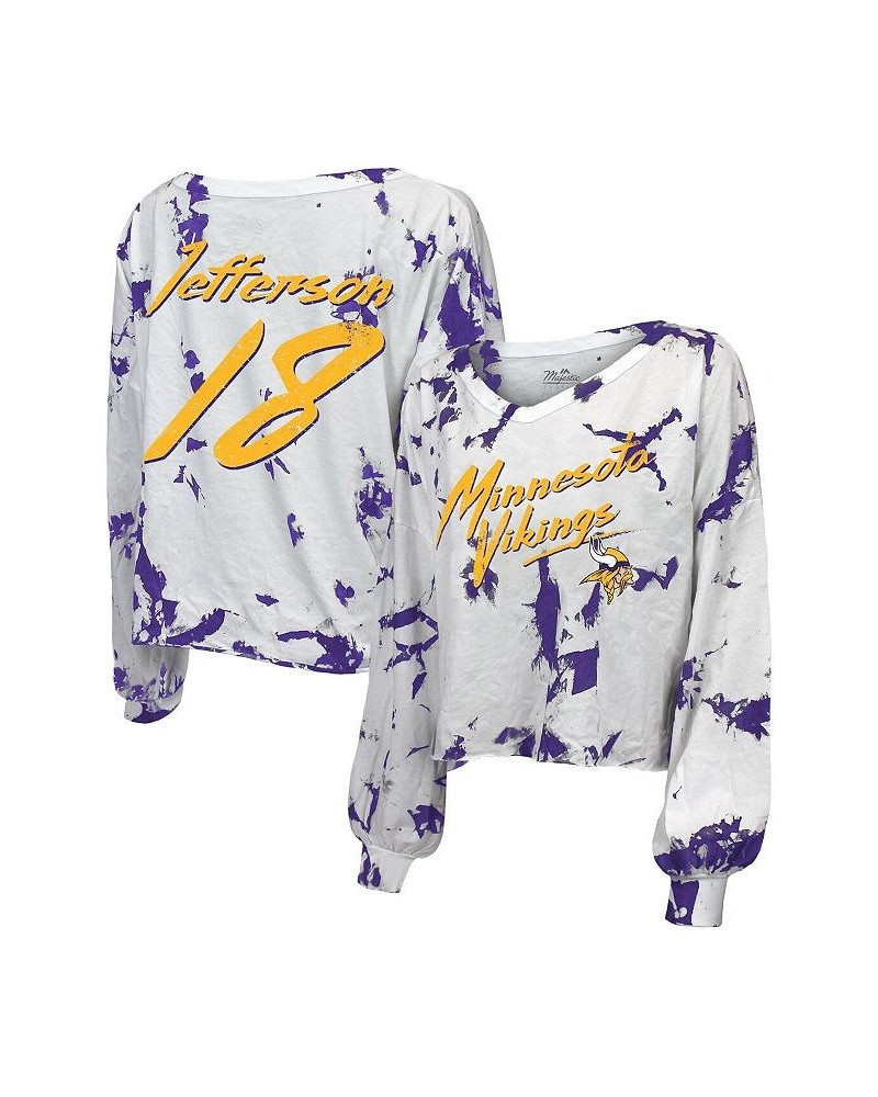 Women's Minnesota Vikings Off-Shoulder Tie-Dye Name and Number Long Sleeve V-Neck Crop-Top T-shirt White $31.50 Tops