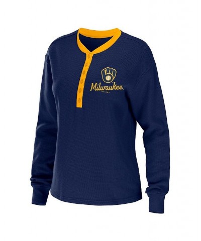 Women's Navy Milwaukee Brewers Waffle Henley Long Sleeve T-shirt Navy $27.60 T-Shirts