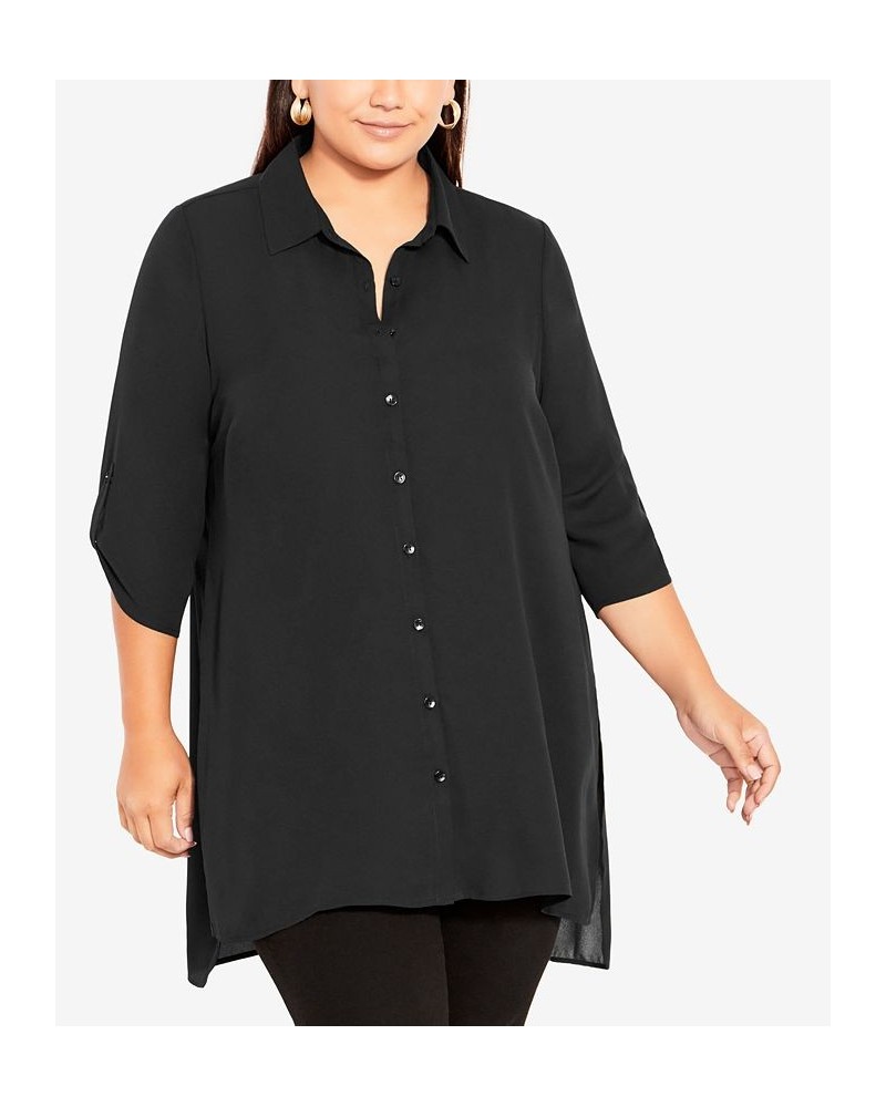 Plus Size Longline Collared Blouse Black $28.29 Tops