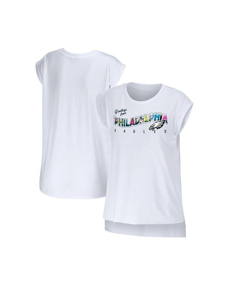 Women's White Philadelphia Eagles Greetings From Muscle T-shirt White $23.00 Tops